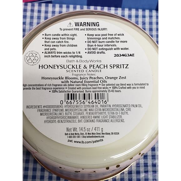 BBW Honeysuckle & Peach Spritz Large 3 Wick Candle Home Fragrance Decor - Picture 2 of 2